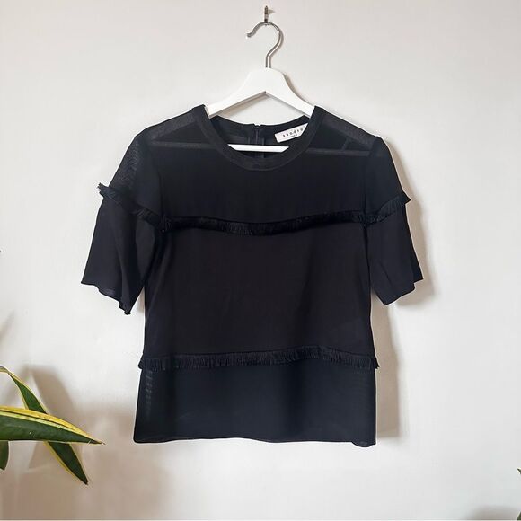 Sandro Fringe Mesh Short Sleeve Top in Black Size 1 - Picture 1 of 4